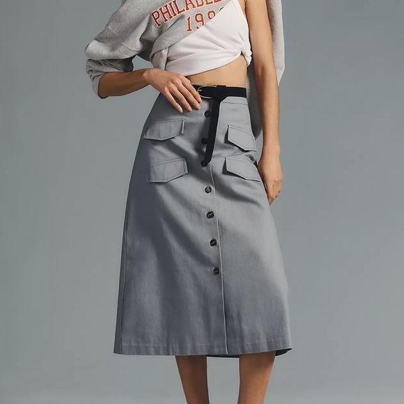Anthropologie Dresses & Skirts - Anthropology Mare Mare Gray Utility MIDI Skirt with front buttons sz XS NWT